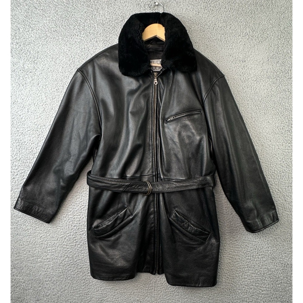 Wilsons Leather Pelle Studio Black Jacket Women L Removable Fur Collar Belted